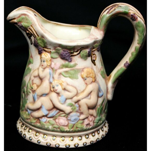 VTG 70 Hazel Cousins Pink Cream White Ceramic Pitcher Multicolor Cherub Vineyard - Picture 1 of 11